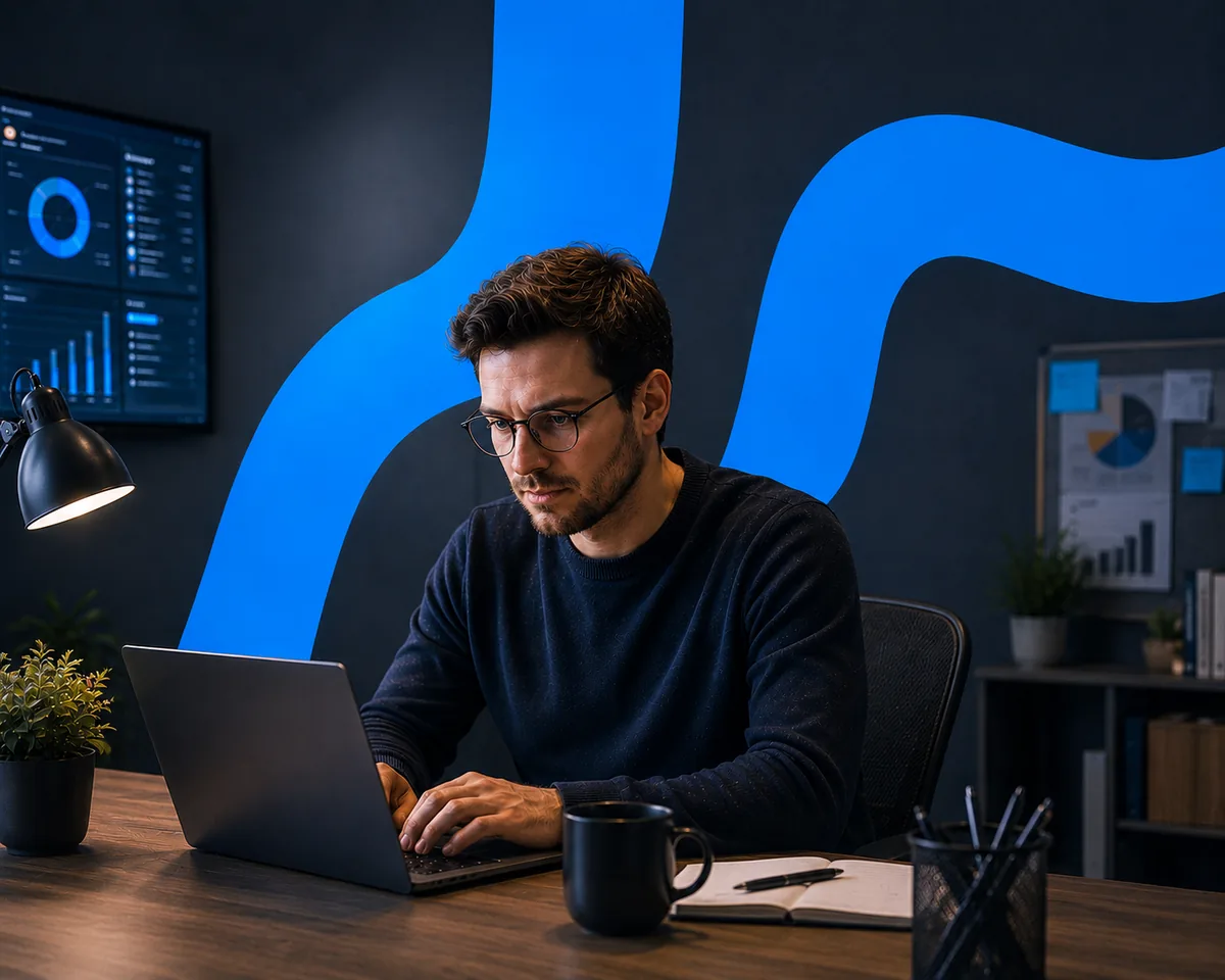 Consulting analyst building a PowerPoint deck on a laptop in a modern office, with dashboard slides visible on the screens behind